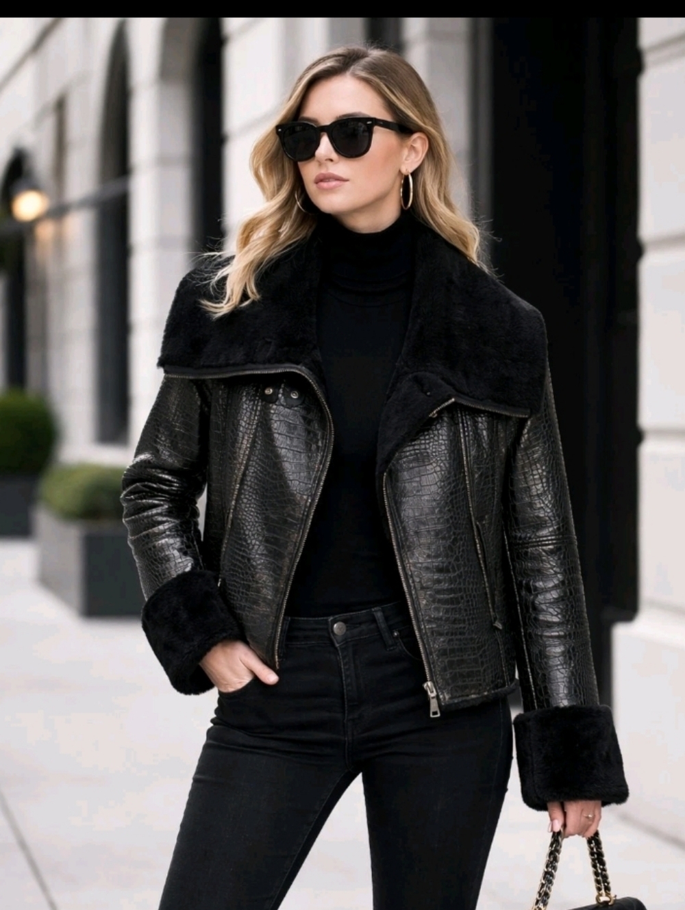 Alice + Olivia Shearling Croc Embossed Black Moto Leather Jacket Size Small